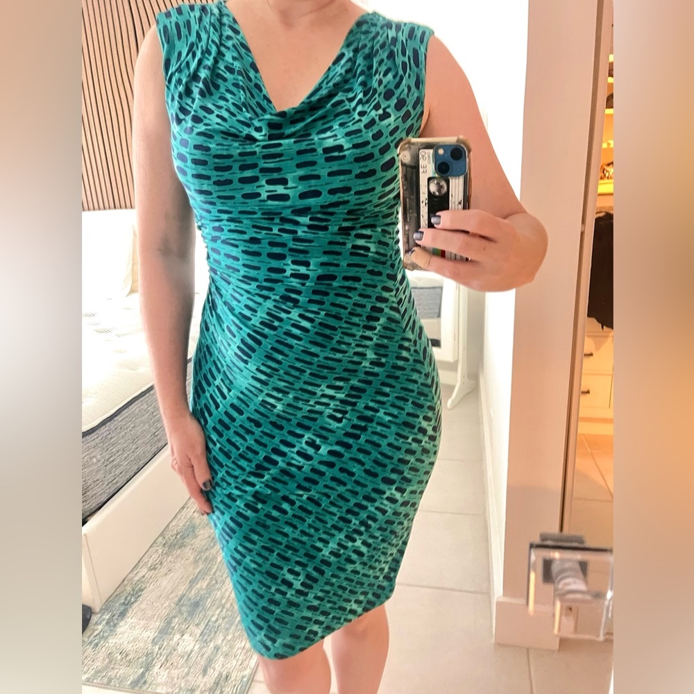 Ralph Lauren Fitted and Ruched Teal Patterned Cowl Neck Dress